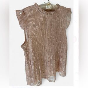 Adrianna Papell NWT Sleeveless Blouse Ruffle Neck Pleated Champagne Medium Lace